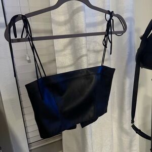 Black Leather Strapless Top with Tie Straps
